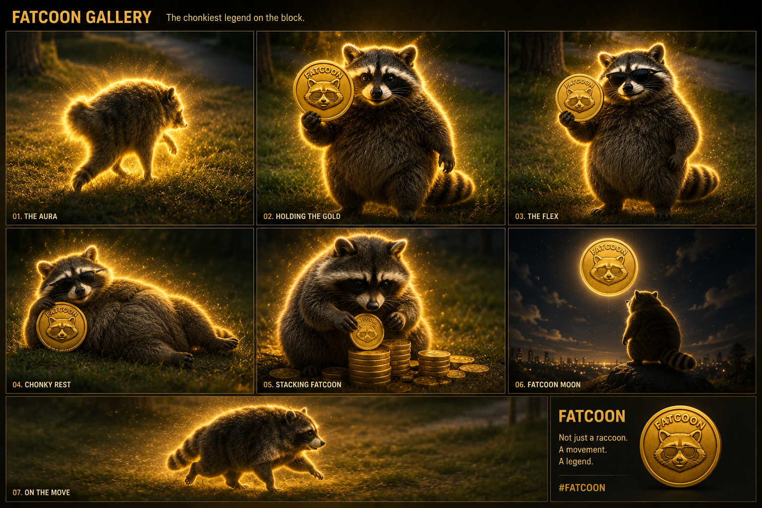 A collection of seven cinematic FATCOON scenes featuring the golden raccoon mascot